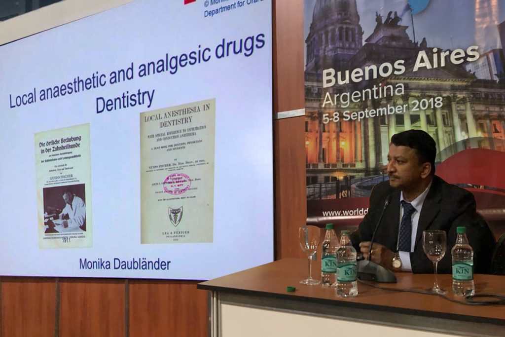 Dr SM Balaji moderating the scientific session on Local Anesthetics and Analgesic Drugs in Dentistry by Dr Monica Daublaender of the Johannes Gutenberg University of Mainz, Germany