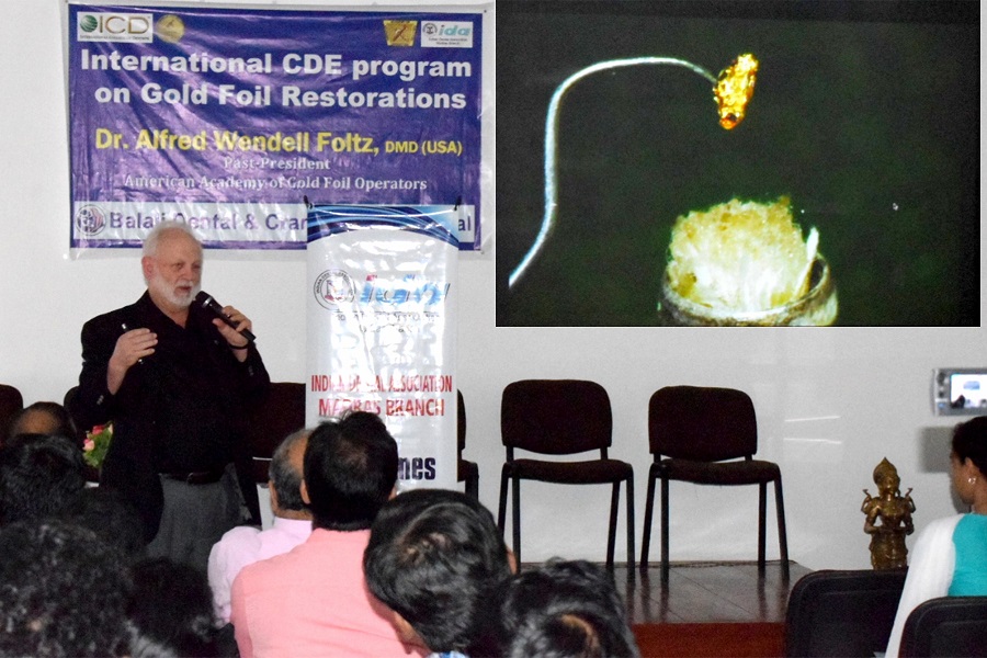 Prof Foltz delivering his keynote lecture on direct gold foil restorations at the CDE program