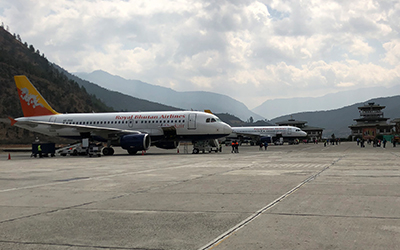A view of Paro airport, which is located at an elevation of 2235 meters above sea level
