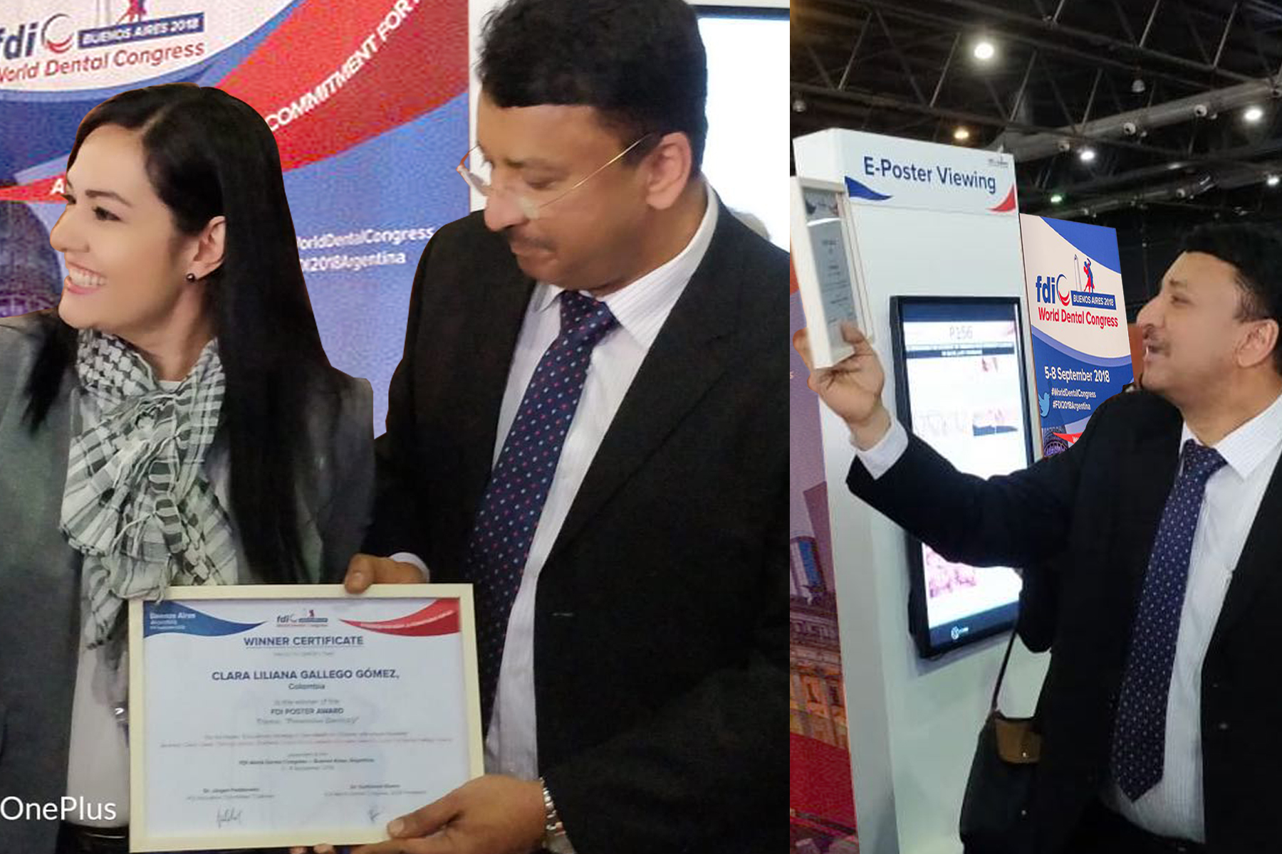 Dr SM Balaji hands a Certificate of Excellence to a winner. Also seen are Dr. Jurgen Fedderwitz, Chair, Education Committee, FDI, Dr. Guillermo Rivero, Congress President, Dr William Cheung, Member, Education Committee and Dr Brian Murdoch, Member, Scientific Committee