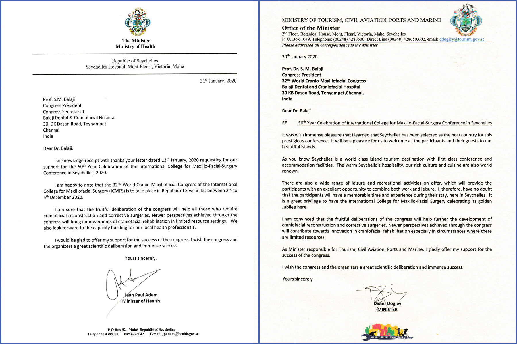 Letters of support for the Congress provided by the Hon’ble Ministers of the Republic of Seychelles